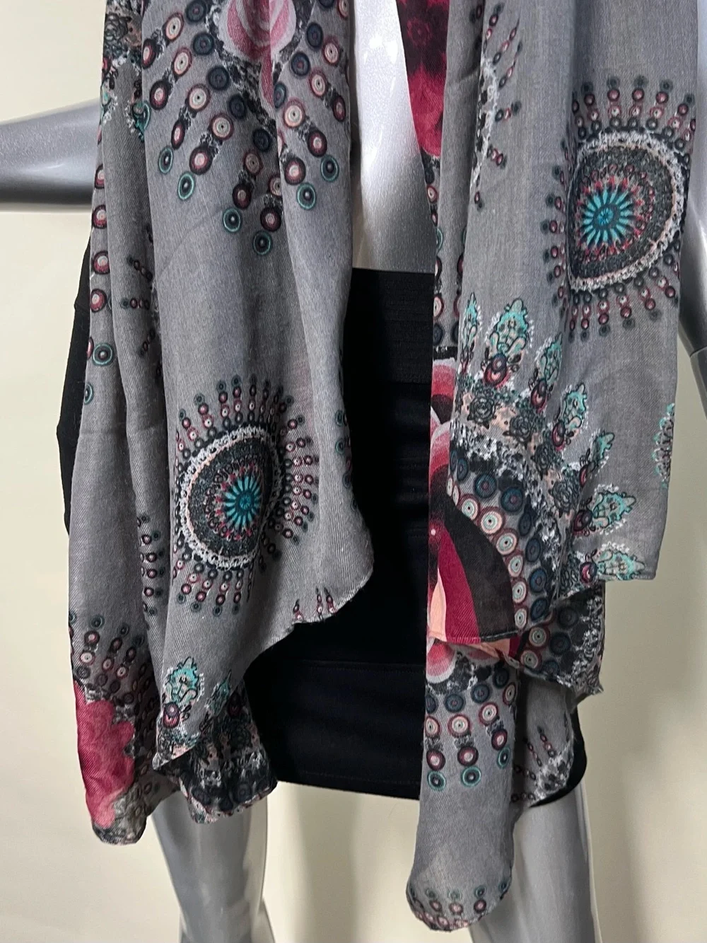 Long Large Scarf Geometric Colorful Boho Floral Print Soft Grey 32”x70”